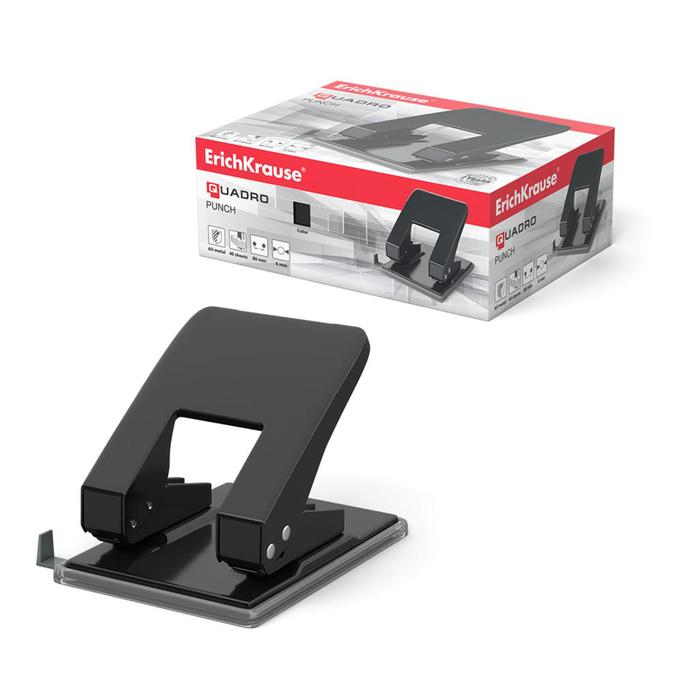 Дырокол до 40 листов ErichKrause Quadro, диаметр прокола 6 мм, расстояние между проколами 80 мм, чёрный