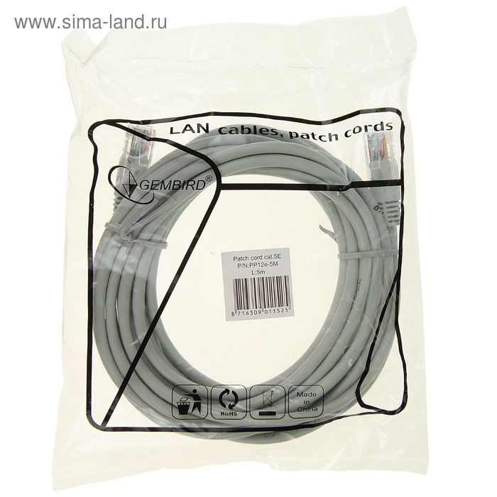 Патч-корд Gembird PP12e-5M, UTP 5е кат., RJ-45(m)-RJ-45(m), 5 м, серый Патч-корд Gembird PP12e-5M, UTP 5е кат., RJ-45(m)-RJ-45(m), 5 м, серый