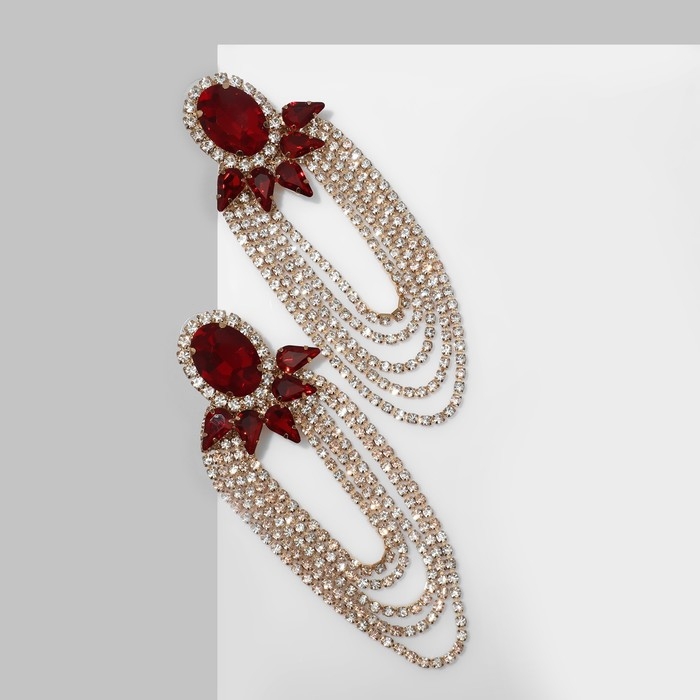 Серьги со стразами «Вечеринка» 5 рядов, цвет красно-белый в золоте Серьги со стразами «Вечеринка» 5 рядов, цвет красно-белый в золоте