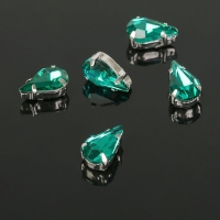 Стразы в цапах (набор 5 шт.), 6&times;10 мм, цвет изумрудный в серебре