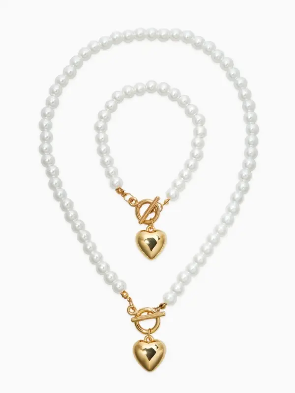 Набор 2 пред-та: бусы.браслет "Жемчуг", сердце, цвет белый в золоте L=18/42см №8