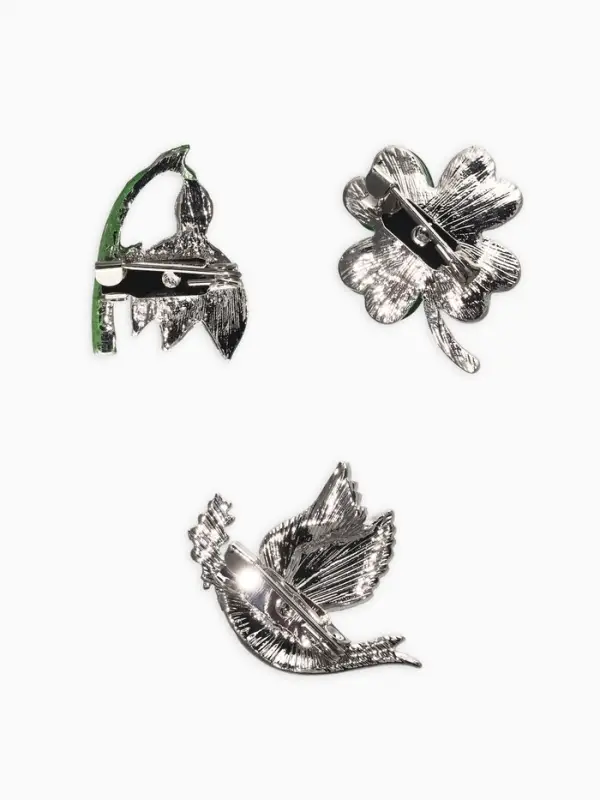 Броши "Голубь, клевер, подснежник" (набор 3шт), цветной в серебре