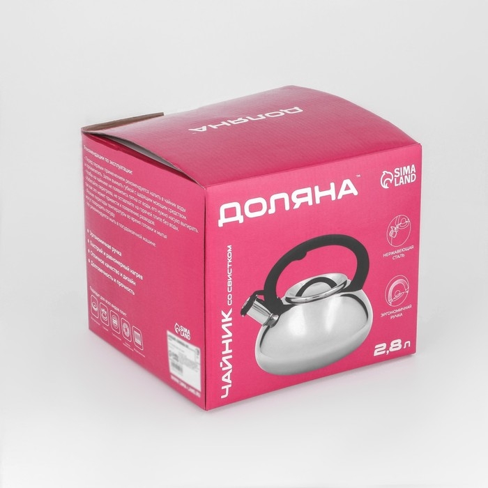 Чайник со свистком из нержавеющей стали Доляна &laquo;Квант&raquo;, 2,8 л, фиксированная ручка soft-touch, цвет хромированный
