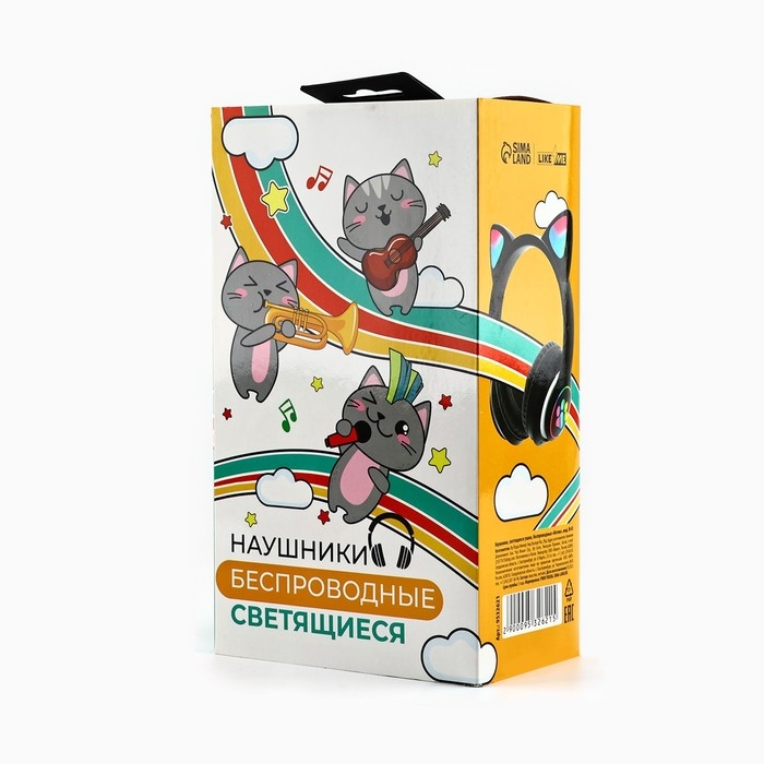 Наушники светящиеся ушки, беспроводные &laquo;Котик&raquo;, черные W-03