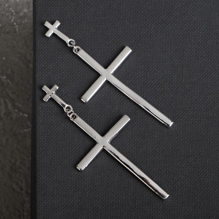 Серьги металл &laquo;Крестики&raquo; дуэт, цвет серебро