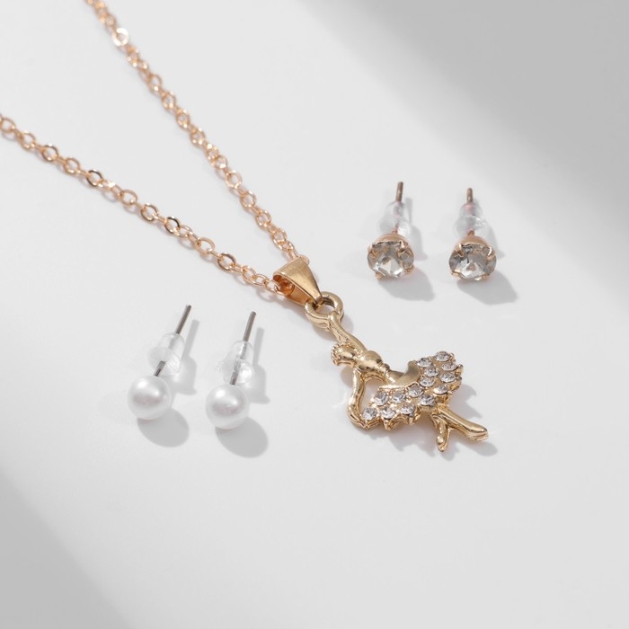 Гарнитур 5 предметов: 4 пары пусет, кулон &laquo;Балерина&raquo;, цвет белый в золоте, 43 см