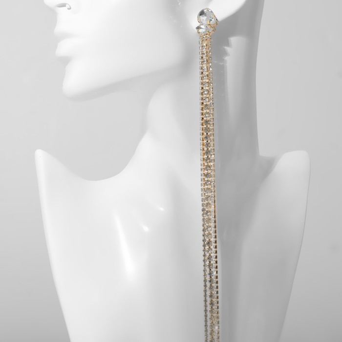 Серьги висячие со стразами &laquo;Водопад&raquo; овал 3 нити, цвет белый в золоте, 32 см