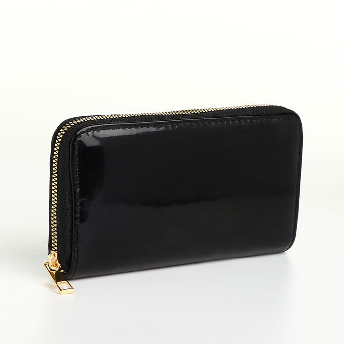Кошелёк женский на молнии, лакированный, цвет чёрный