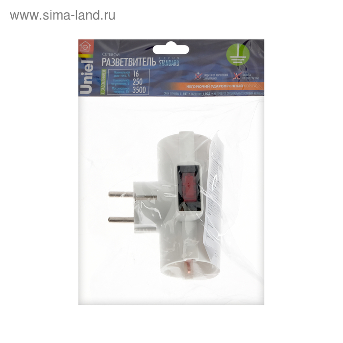 Разветвитель сетевой с защитой и с выключателем Uniel, 3 гнезда, 16 А, 3500 Вт, с/з, белый