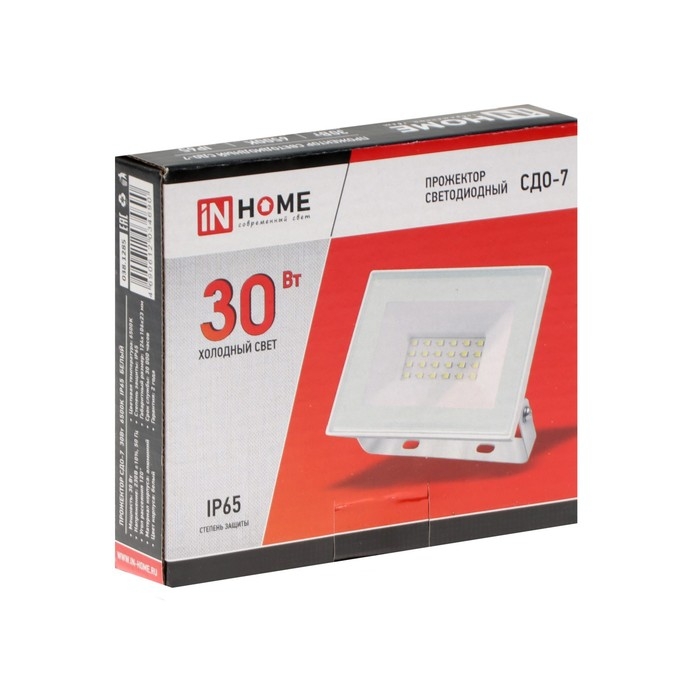 Прожектор светодиодный IN HOME СДО-7, 30 Вт, 230 В, 6500 К, IP65, белый Прожектор светодиодный IN HOME СДО-7, 30 Вт, 230 В, 6500 К, IP65, белый