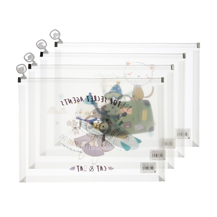 Папка-конверт на молнии формат А4, 180мкр, с рисунком "Звери", МИКС