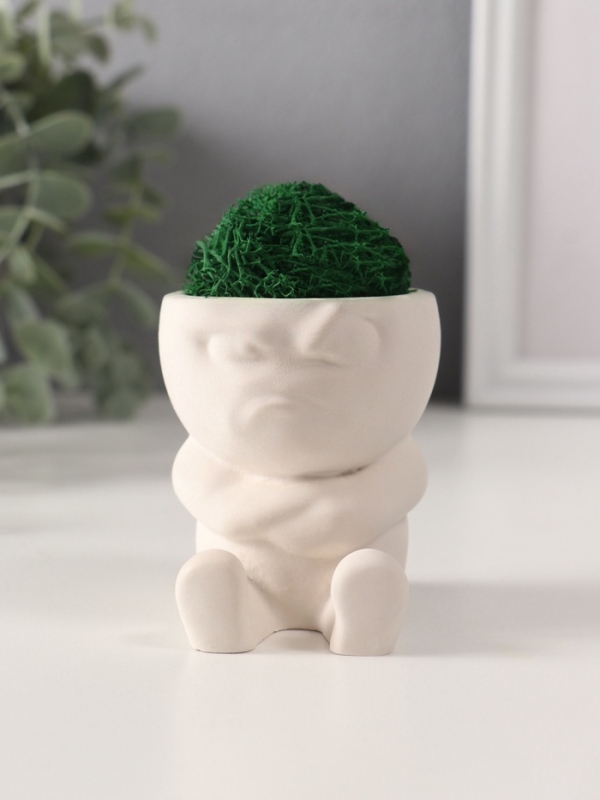 Кашпо бетонное "Мистер Зло" со мхом 7*6*6,5 см белый (мох зеленый стабилизированный)