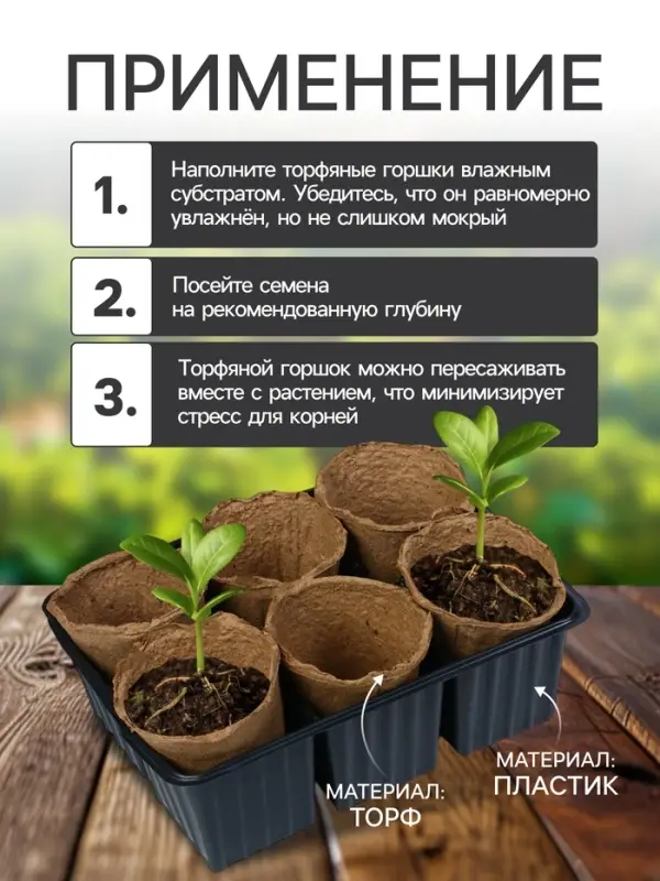 Набор для рассады: торфяной горшок 6&times;6 см, кассета на 6 ячеек, 17.5&times;13.5 см, Greengo