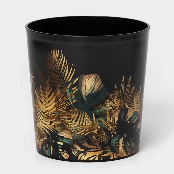 Горшок для цветов с поддоном Доляна &laquo;Голди. Листья&raquo;, 1,6 л, d=14 см, h=15,5 см, пластиковый, цвет чёрный