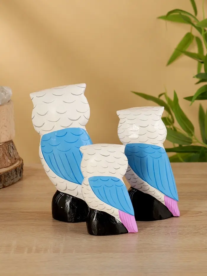 Набор сувенирный &laquo;Совы&raquo;, h=18 см, h=14.5 см, h=11 см, дерево, бело-синий