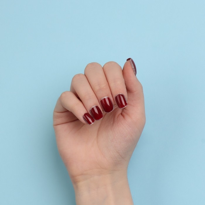 Накладные ногти &laquo;Wine&raquo;, 12 шт, с клеевыми пластинами, форма мягкий квадрат, цвет бордовый/серебристый