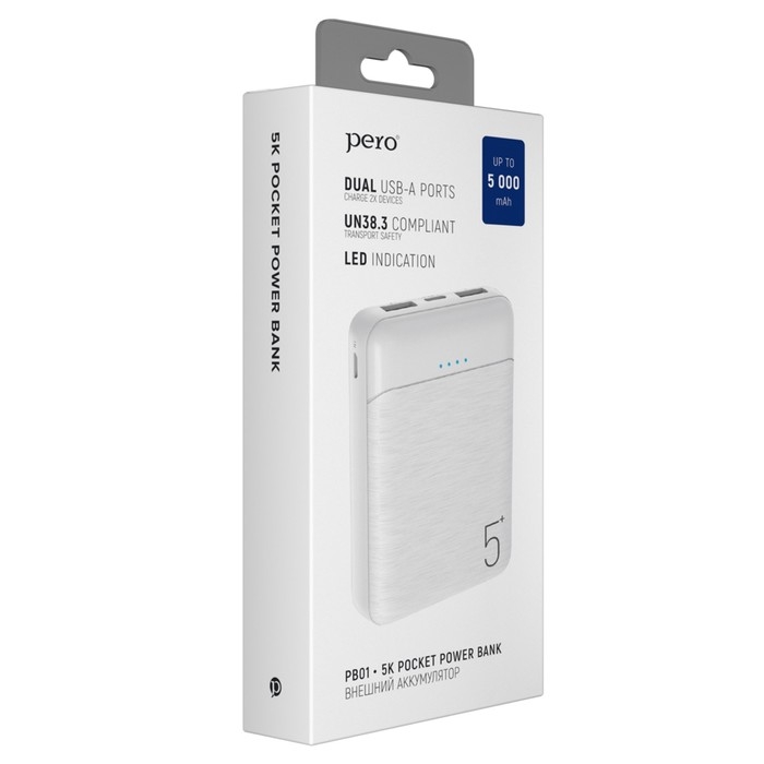 Внешний аккумулятор PERO PB01, 5000 мАч, 2 USB, 2.1 А, индикатор, белый Внешний аккумулятор PERO PB01, 5000 мАч, 2 USB, 2.1 А, индикатор, белый