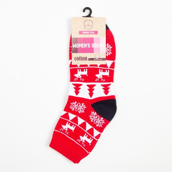 Носки женские &laquo;Узоры и олени&raquo; цвет красный, размер 23-25