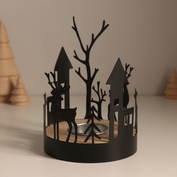 Подсвечник металл, дерево на 1 свечу "Домики и олени" d=4 см 10х10х13,8 см
