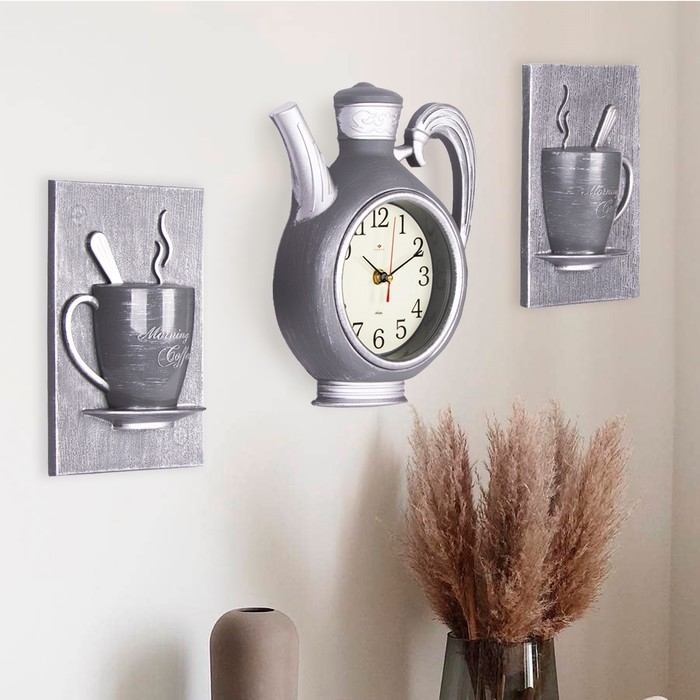 Часы настенные интерьерные для кухни Часы настенные интерьерные для кухни "Чаепитие", бесшумные, чайник 26.5 х 24 см, серые, АА