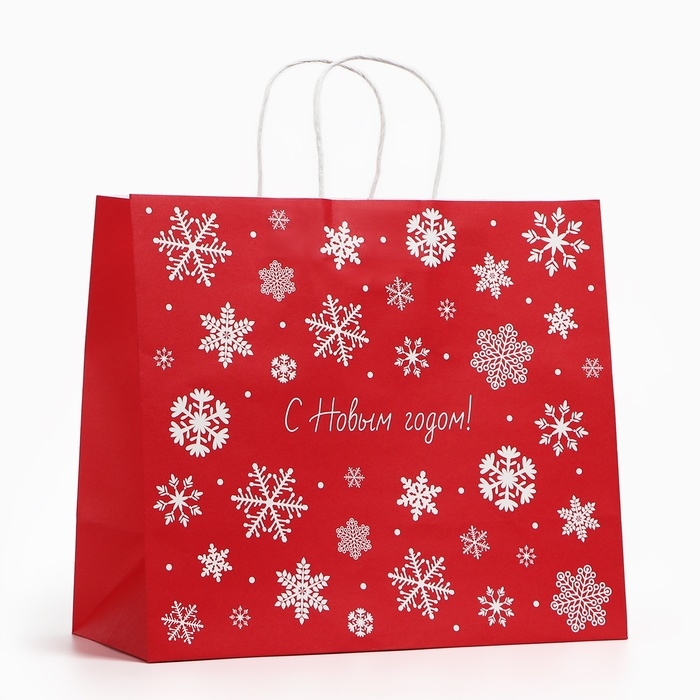 Пакет подарочный новогодний &laquo;Снежинки&raquo;, белый крафт, 32 х 28 х 15 см , Новый год