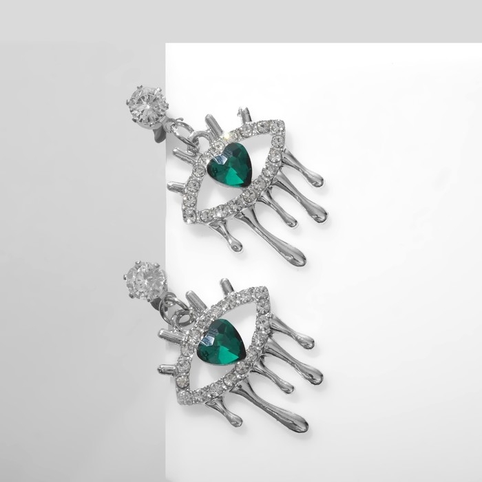 Серьги со стразами «Таяние» глаза, цвет бело-зелёный в серебре Серьги со стразами «Таяние» глаза, цвет бело-зелёный в серебре