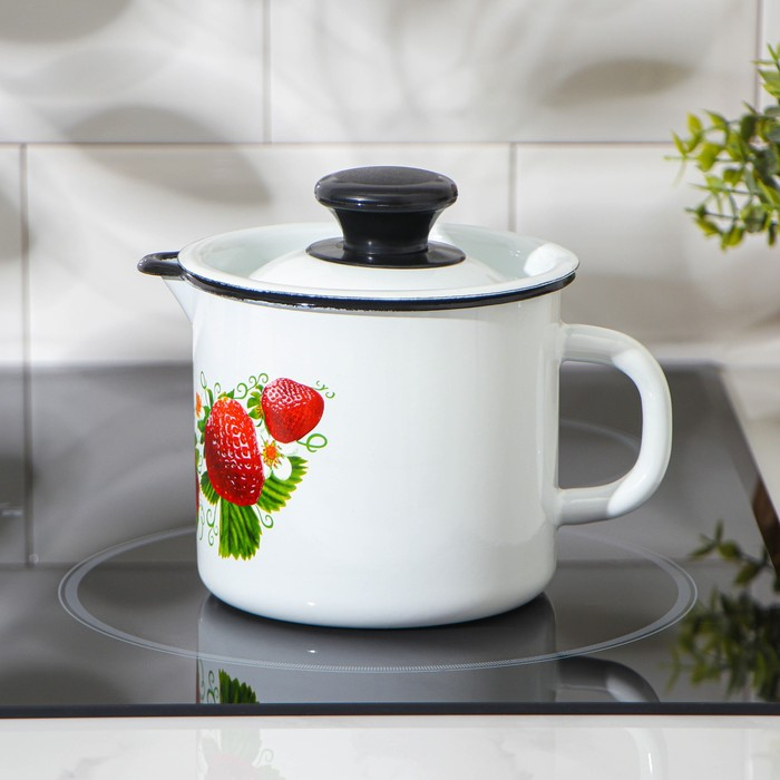 Кружка с носиком, 1 л, с крышкой, деколь МИКС, цвет белый