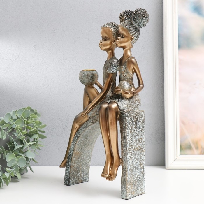 Сувенир полистоун подсвечник "Дети на горке, с кувшинами" под бронзу 19,5х10х35 см