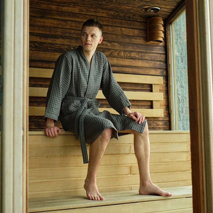 Халат вафельный мужской удлиненный Этель Халат вафельный мужской удлиненный Этель "Boho" размер 58-60, цвет светло-серый, 100% хлопок, 290 г/м2
