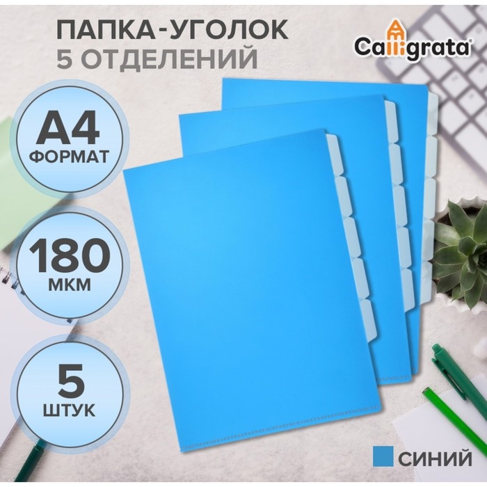 Набор папок уголков, А4, 180 мкм, 5 штук, Calligrata, 5 отделений, синие, гладкие, полупрозрачные Набор папок уголков, А4, 180 мкм, 5 штук, Calligrata, 5 отделений, синие, гладкие, полупрозрачные