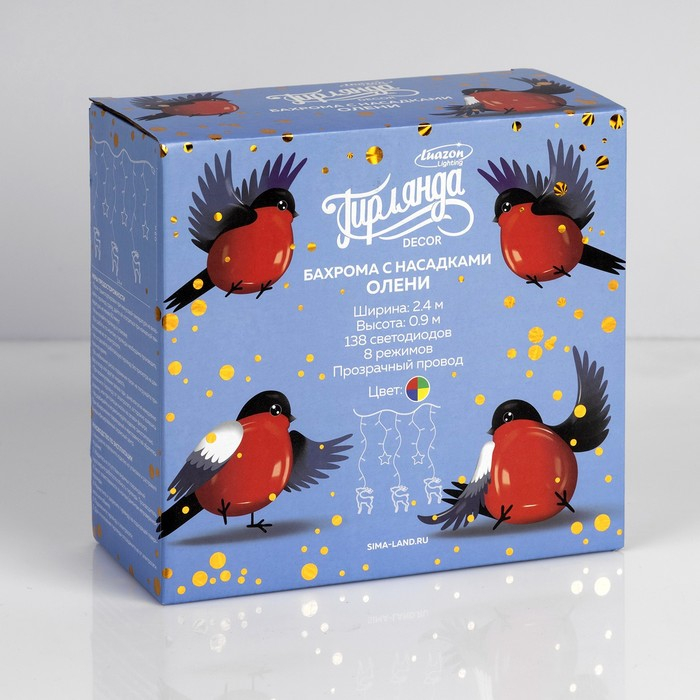 Гирлянда &laquo;Бахрома&raquo; 2.4 &times; 0.9 м с насадками &laquo;Олень&raquo;, IP20, прозрачная нить, 138 LED, свечение мульти, 8 режимов, 220 В