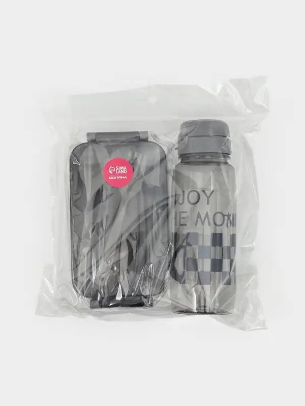 Ланч-бокс, 2 отделения, 2 яруса, с вилкой и ложкой, бутылкой 500мл,20х17х5,5 см, цвет серый   109495