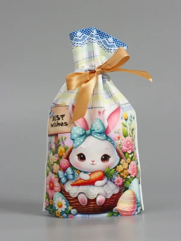 Пакет  полиэтиленовый подарочный "Заяц с цветами", с завязками, 15х23&plusmn;1 см