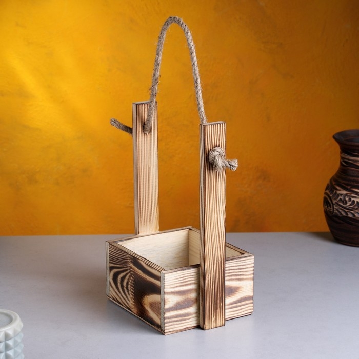 Кашпо деревянное 15&times;12&times;25 см "Ажур", прямоугольное, ручка верёвка, обжиг Дарим Красиво