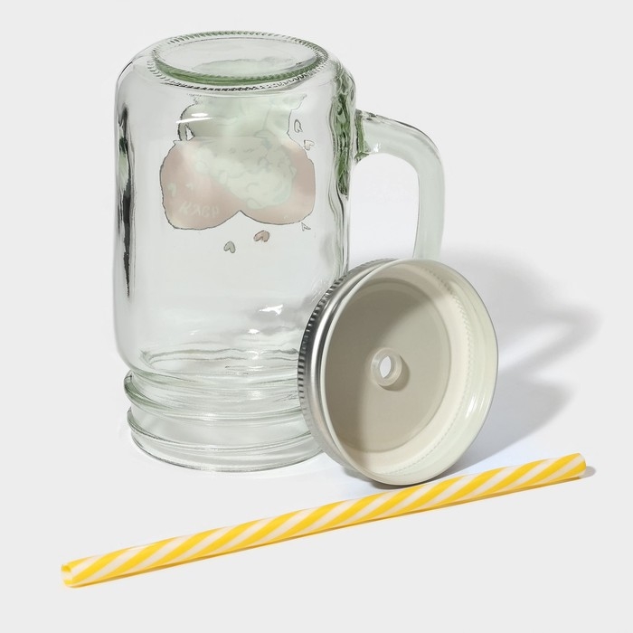 Кружка стеклянная Доляна &laquo;Котик&raquo;, 450 мл, 10&times;7,5&times;13 см, с ручкой, крышкой и трубочкой