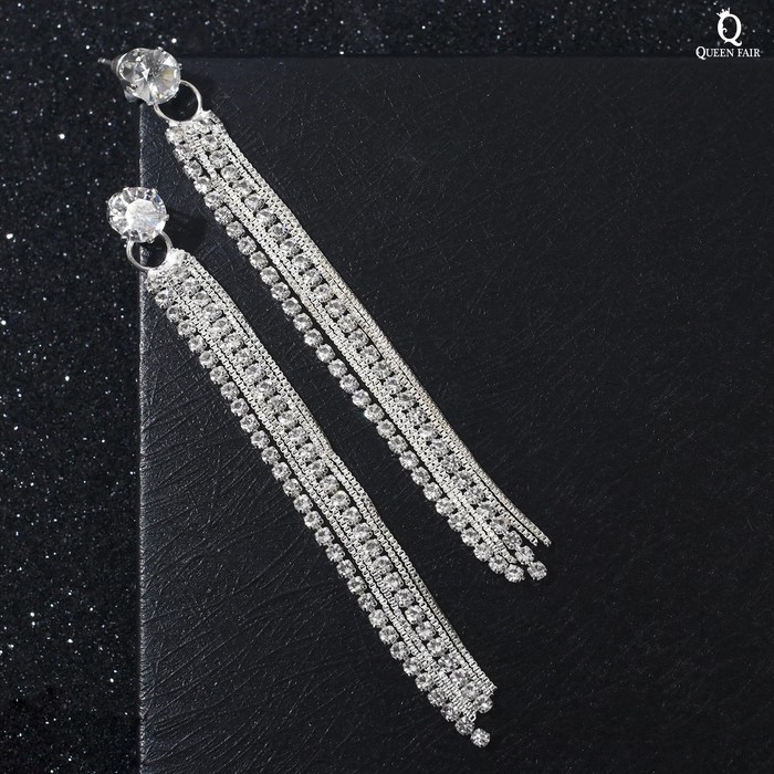 Серьги висячие со стразами «Вечерние» нить и россыпь, цвет белый в серебре, 8,5 см Серьги висячие со стразами «Вечерние» нить и россыпь, цвет белый в серебре, 8,5 см