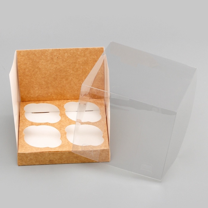Коробка для 4 капкейков, крафт 16 х 16 х 14 см