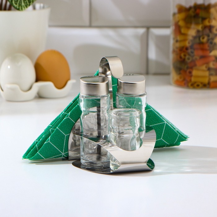 Набор для специй на подставке, 4 предмета: солонка, перечница, салфетница, ёмкость для зубочисток