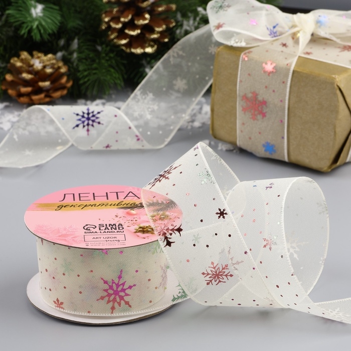 Лента капроновая &laquo;Снежинки&raquo;, 40 мм, 9 &plusmn; 0,5 м, цвет молочный