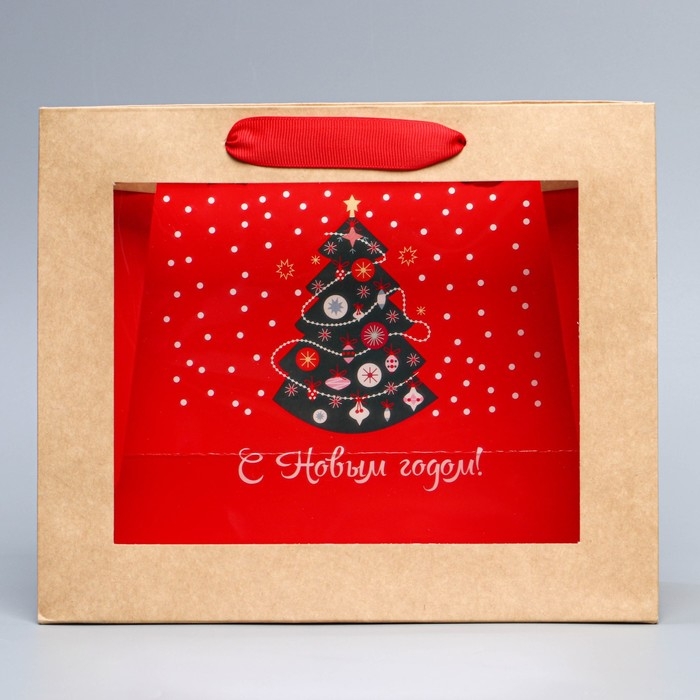 Пакет подарочный новогодний крафтовый с пластиковым окном &laquo;Новогодняя ёлка&raquo;, 24 х 20 х 11см