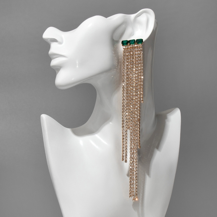 Серьги висячие со стразами «Мулен Руж» водопад, цвет бело-зелёный в золоте, 19 см Серьги висячие со стразами «Мулен Руж» водопад, цвет бело-зелёный в золоте, 19 см