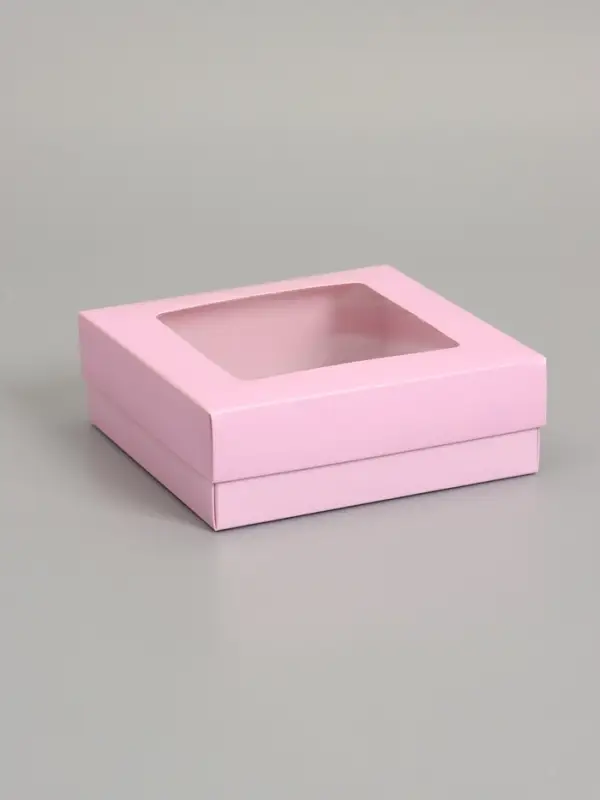 Коробка складная, крышка-дно,с окном, розовая, 15 х 15 х 5 см