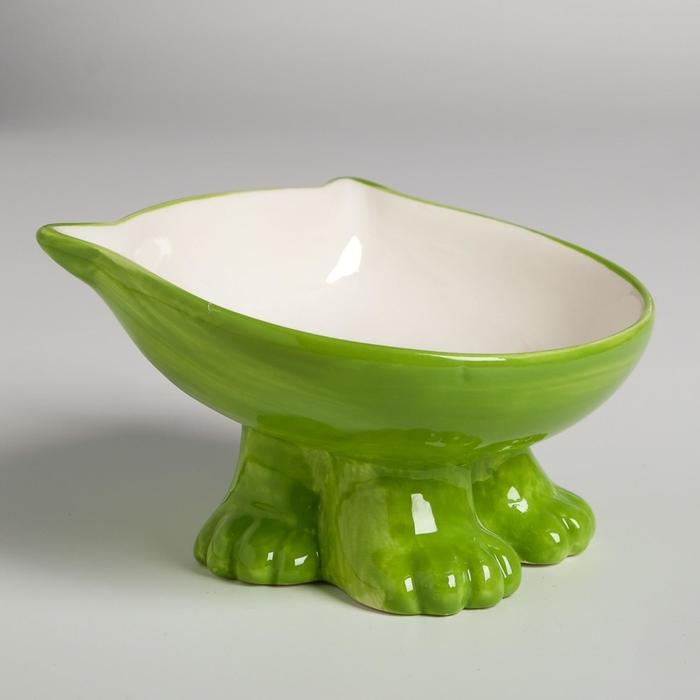 Миска керамическая "Киса" на подставке-лапках 200 мл  13 х 12 х 8 см, зелёная/белая