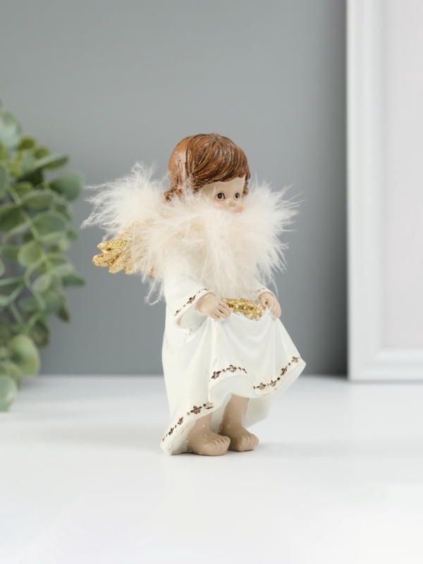 Сувенир полистоун "Ангелочек со звёздами в подоле" пух, золотые крылья 8,5х7х13 см