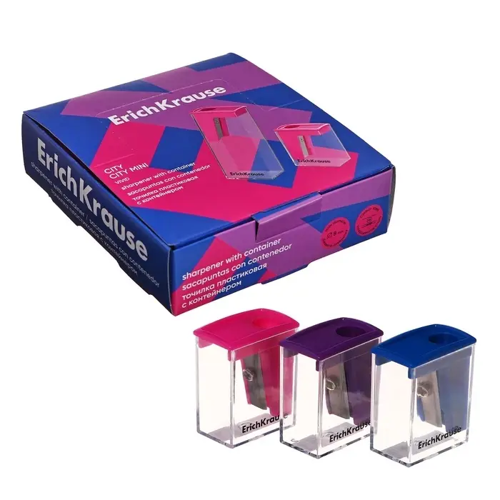 Точилка ErichKrause City Mini Vivid, 1 отверстие, с контейнером, пластиковая, МИКС