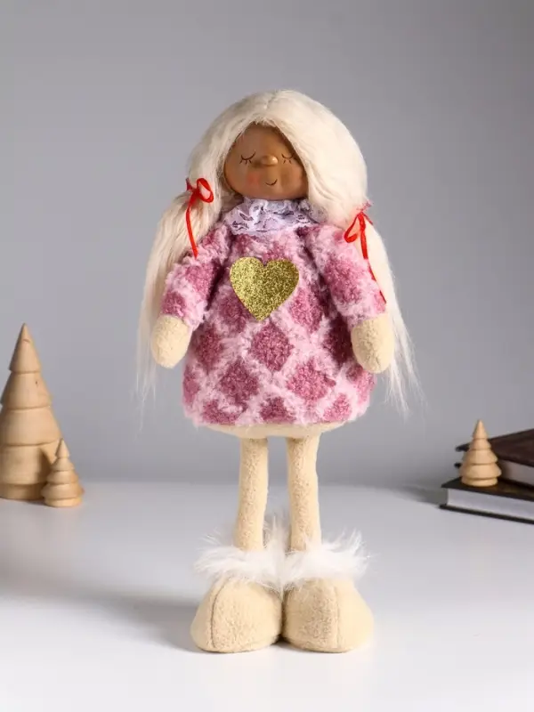 Кукла интерьерная "Малышка с хвостиками в розовом платье с сердцем" 14х8,5х32 см