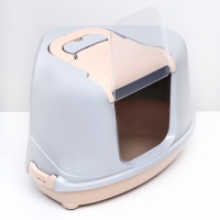 Туалет-домик угловой для кошек закрытый с дверцей 57*46*37 см, бежево-серый