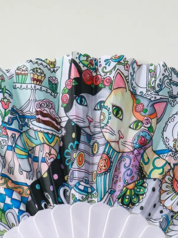 Веер пластик, текстиль "Котики. Цветочная абстракция" МИКС широкие лопасти 23 см