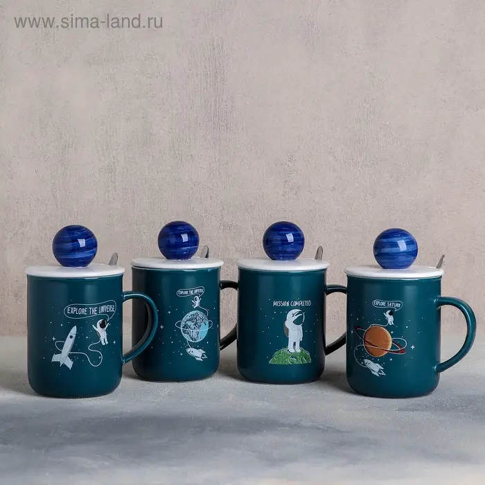 Кружка керамическая с крышкой и ложкой &laquo;Космонавт&raquo;, 350 мл, рисунок МИКС