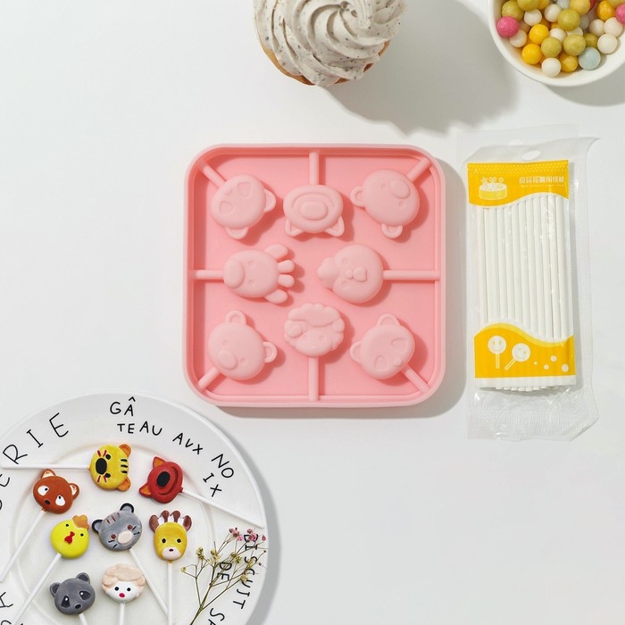 Форма для леденцов &laquo;Зверята&raquo;, силикон, 14&times;14&times;1,4 см, 8 ячеек, с палочками, цвет МИКС